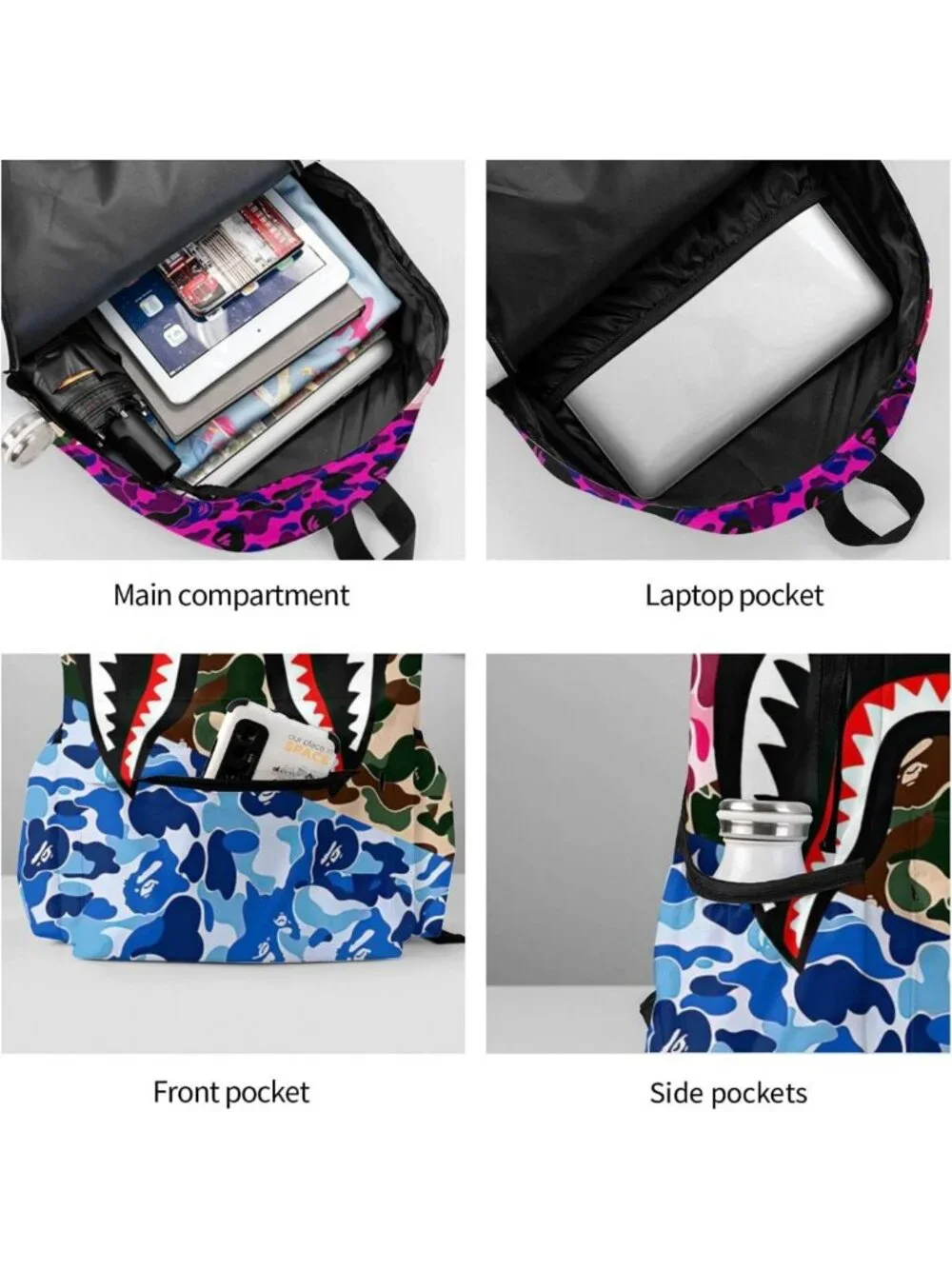 Trendy Shark Teeth Camo Backpack - Large Capacity Travel Laptop Daypack for All